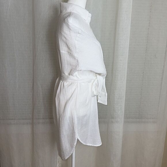 A & F S Oversized White Gauze Lightweight Cotton Button Down Belted Shirt Tunic - Picture 7 of 12